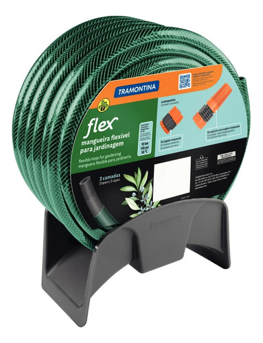 Mangueira Flex 20 m Verde em PVC 3 Camadas com Engate Rosqueado Esguicho e Suporte Mural Tramontina