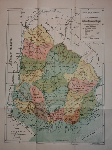 Hermosa Carta Geografica Mapa Politico Color Uruguay 1915 (Usado)