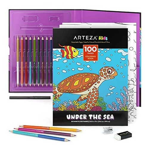 Arteza Kids Coloring Book And Pencils Kit, 8.5x11 56spm