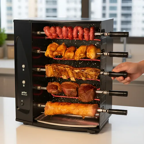 Churrasqueira elétrica Arke com 5 espetos cheios de carnes variadas, incluindo linguiça, frango, costela e filé mignon, em um ambiente de cozinha.