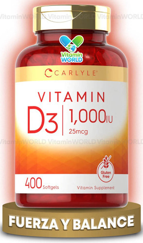 Carlyle Vitamina D3 1000iu 25mcg 400 Softgels Sabor Sin Sabor