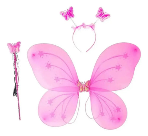 Kit Asa De Borboleta Fantasia Infantil Fada Tiara E Varinha Cor Rosa Choque