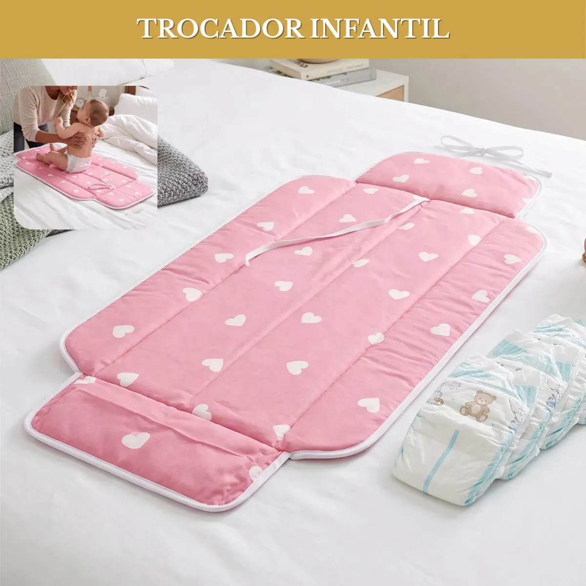 Trocador De Fralda Portátil Coração Impermeável Dobrável Macio Prático Para Passeios Maternidade - Rosa