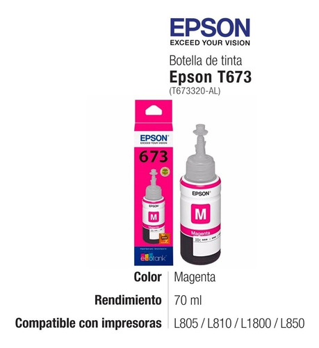 Imagen 2 de 5 de Tinta Epson T673 Magenta T673320 - L805 L810 L850 L1800