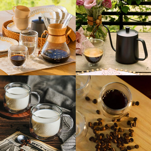 Cafeteira Coador 400ml + 2 Copos 80ml + Bandeja Bambu 20cm