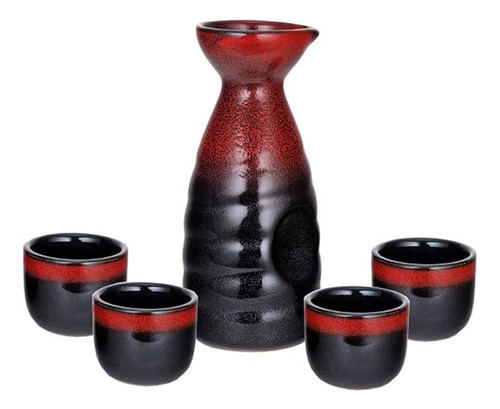 Happy Sales Juego Sake Ceramica 5 Piezas Rojo Y Negro