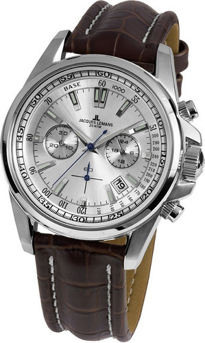 Reloj pulsera Jacques Lemans 1-1117.1WN, analógico, para hombre, fondo plateado, con correa de cuero color marrón, bisel color plateado y hebilla simple