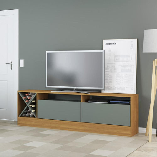 Rack Para Tv 65 Pol. 200 X 46 Cm Mdp Cor Carvalho Dakar e Cinza Vulcano