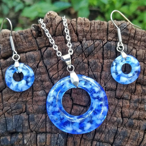 Set Collar Y Aretes Aura Con Dona De Vidrio Cadena De Acero