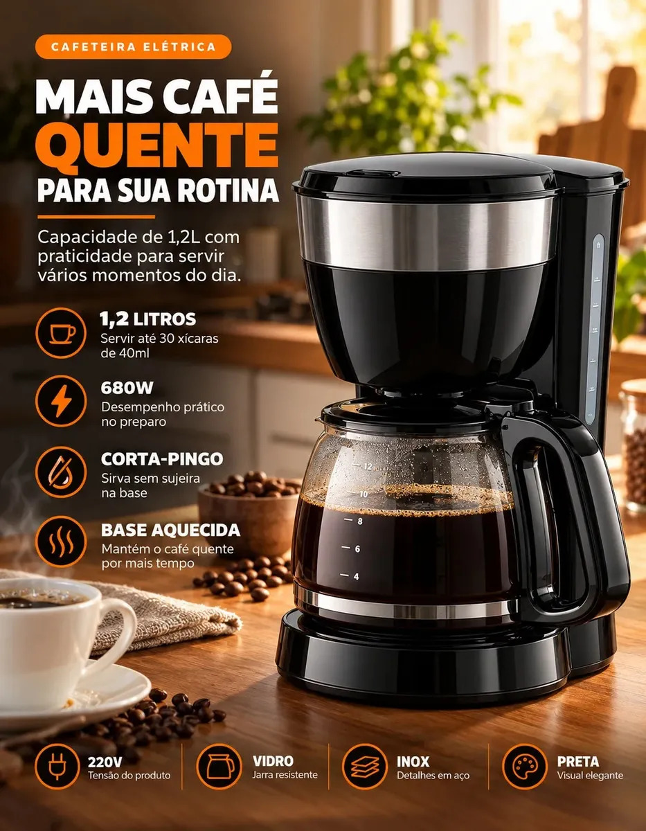 Cafeteira Elétrica 1,2 Litros 32 Xícaras De Café Jarra De Vidro Cor Preta Design Moderno Prática Para Casa Escritório Cozinha Viacruz Preto 127v