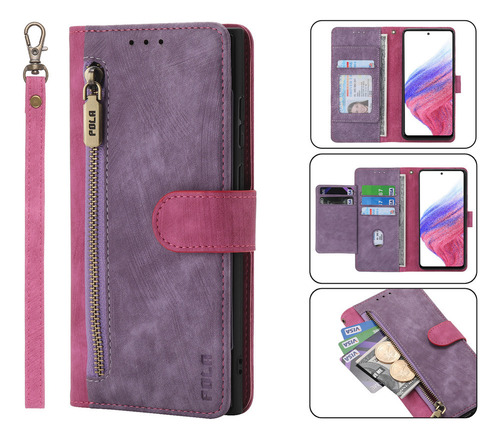 Tarjetero Con Cremallera, Funda De Cuero Tipo Cartera Para