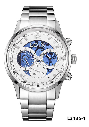 Reloj Hombre Loix L2135-1 Plateado Con Tablero Blanco Y Azul