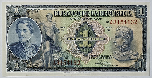 Billete 1 Peso 20/jul/1946 7 Digitos Colombia Au