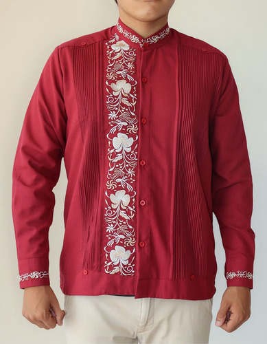 Guayabera Yucateca Modelo Colibrí Vino En Tela Lino Flame