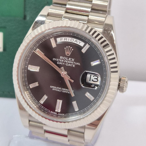 Rolex Day-date 40mm Presidente Ouro Branco & Diamantes Prateado Prateado Preto (Usado)