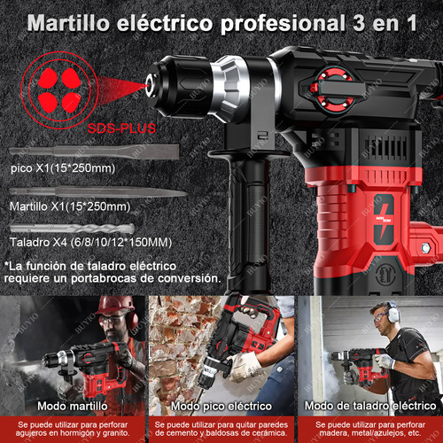 BUYIO 3500w Martillo Demoledor Rompedor De Concreto Rotomartillo Cincelador Perforador Industrial Sds-plus Taladro Rotomartillo Industrial Con Embrague Automático