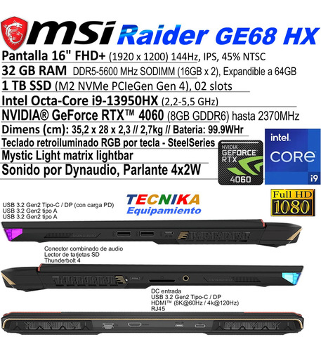 Imagen 6 de 10 de Notebook Gamer Msi Raider Ge68 16 I9 13º Rtx4060 32gb 1tbssd