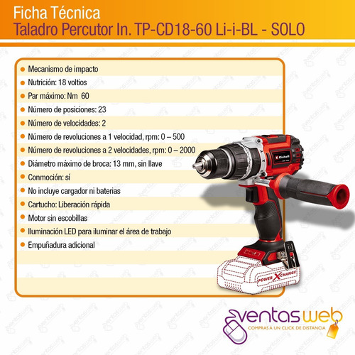 Imagen 9 de 10 de Taladro Percutor Atornill Inalambrico Brushless Einhell Solo