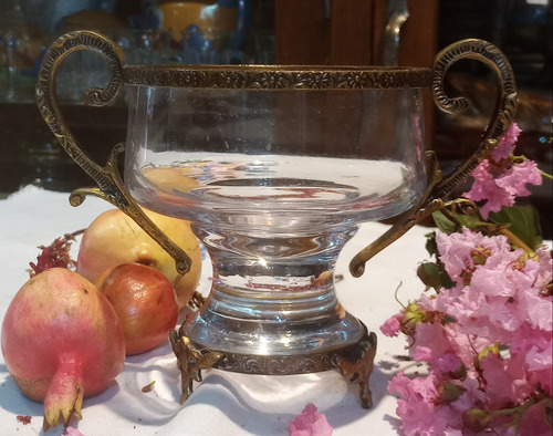 Antiguo Centro De Mesa Cristal Y Bronce Impecable N490 (Usado)