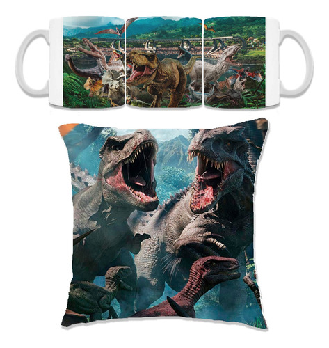 Taza De Jurassic World Dinosaurios T-rex Cojín 30x30 Set