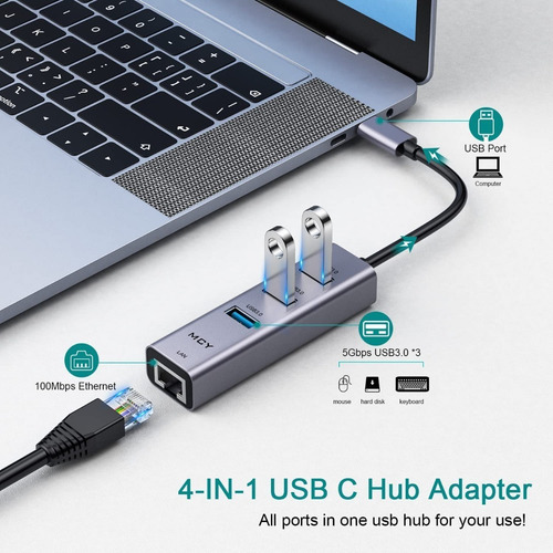Imagen 4 de 7 de Adaptador Usb-c - Hub 3 Port Usb 3 + Red Fast Ethernet