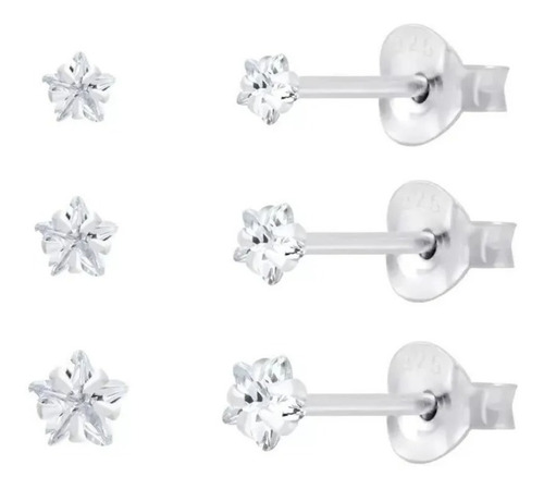 Kit Trio 3 Brincos De Prata 925 Zirconia Estrela 2° Furo