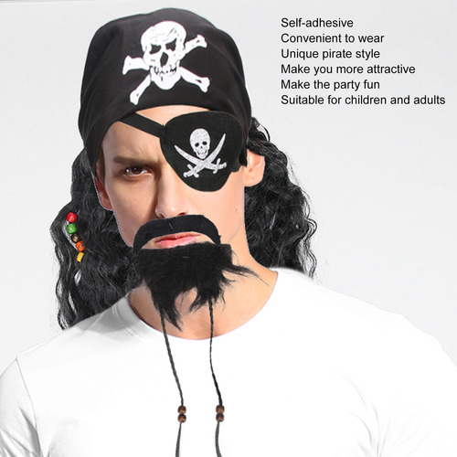 Set De Peluca Con Barba Falsa Y Bigote De Pirata Negro