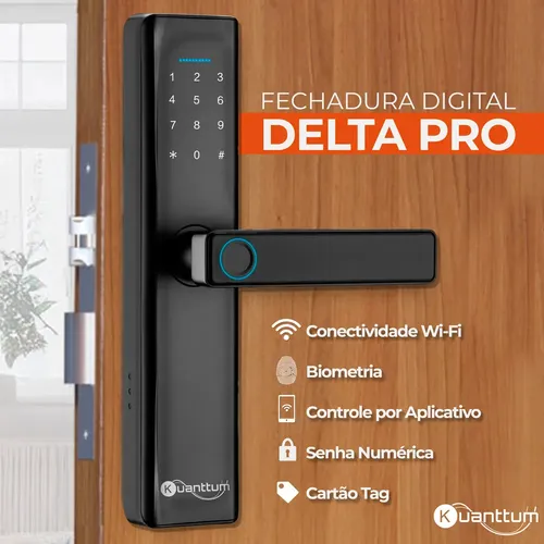 Fechadura Eletronica Digital Com Biometria Senha Kuantttum Delta Pro Tuya Wi-fi Cor Preta