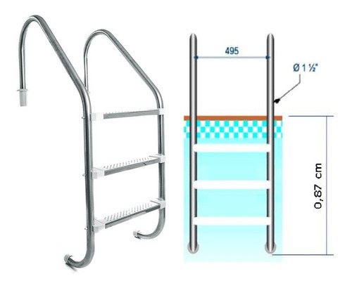 Escada De Piscina De Aço Inox Com 3 Degraus Inox Removivel