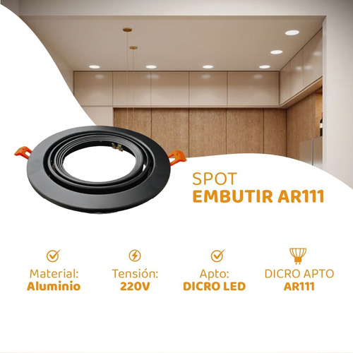 Imagen 2 de 9 de Spot Embutir Ar111 Led Redondo Movil Aluminio Gu10 220v