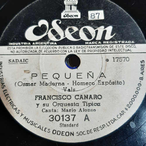 Pasta Francisco Canaro Su Orq Tipica Mario Alonso Odeon C537