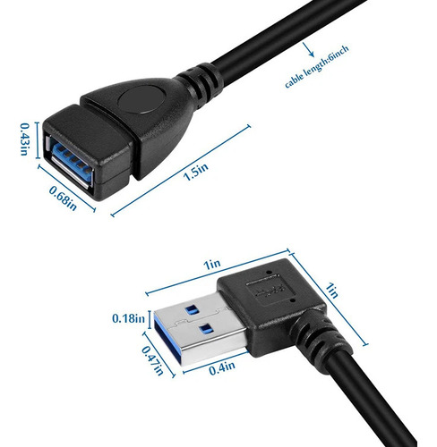 Cabo Extensor Usb 3.0 Adaptador Macho Femea 0,2m Em L Preto