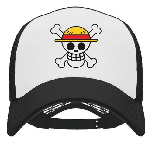 Gorras De One Piece Mugiwara Monkey D. Luffy Jolly Roger Negro-blanco Unitalla Ajustable 50% Algodón - 50% Poliéster