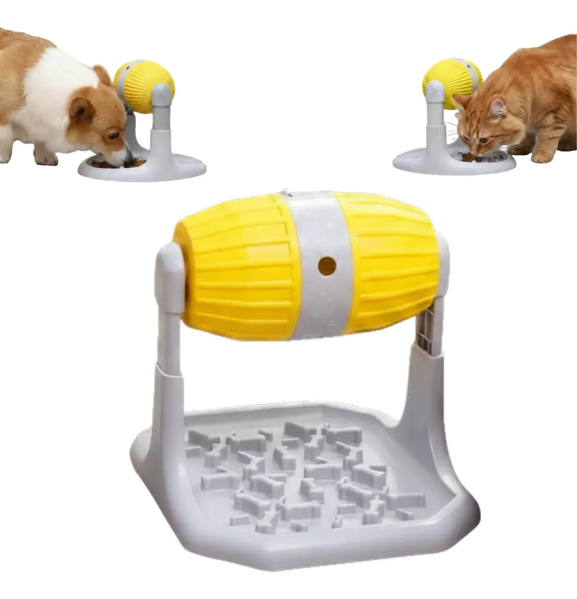 Comedouro Interativo Cão E Gato Porta Petisco Pet Ração Roda Amarelo