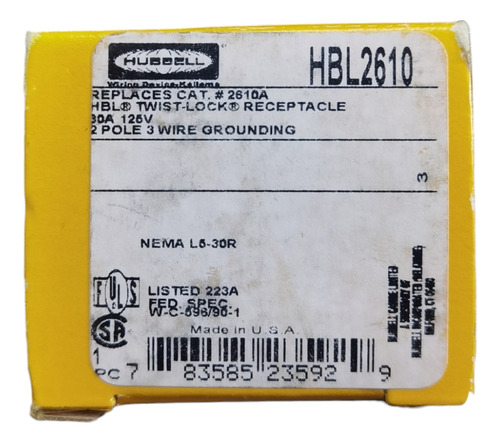 Receptaculo Hubbell Hbl2610 30 A 125v, L5-30r, 2p+t