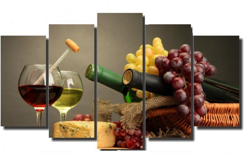 Quadros Decorativos Vinho Uva E Queijo Mosaico 5 Peçass