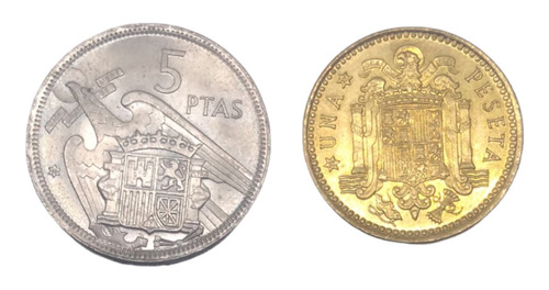  Monedas España Franco 5 Y 1 Pesetas 2 Piezas Nuevas 