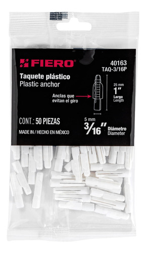 Taquetes De Plástico 3/16¨ 50 Pzas Fiero 40163