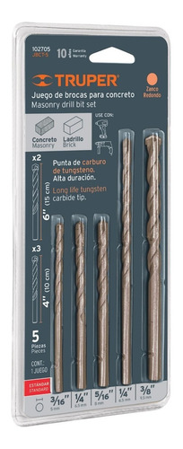 Juego De 5 Brocas Para Concreto, Punta De Carburo, Truper