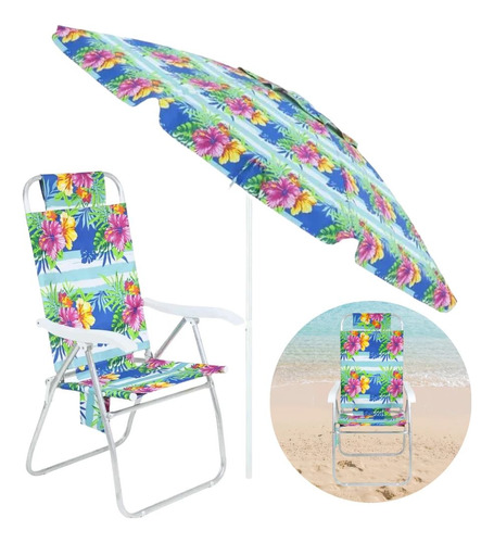 Kit Para Praia Floral Guarda-sol 2,40 M + Cadeira Dobrável