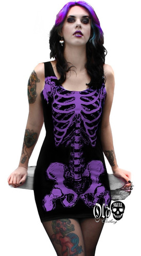 Vestido Tirante - Esqueleto Morado Huesos Calaca Calavera 