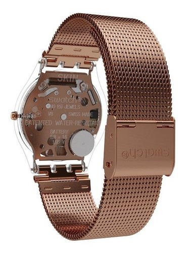 Reloj pulsera Swatch Originals Hello darling de cuerpo color transparente, analógico, para mujer, fondo rosa dorado, con correa de acero inoxidable color rosa, agujas color plateado, dial rosa, bisel color transparente y hebilla de gancho