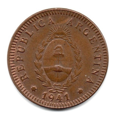 Moneda Argentina 2 Centavos 1941 Cobre Excelente+