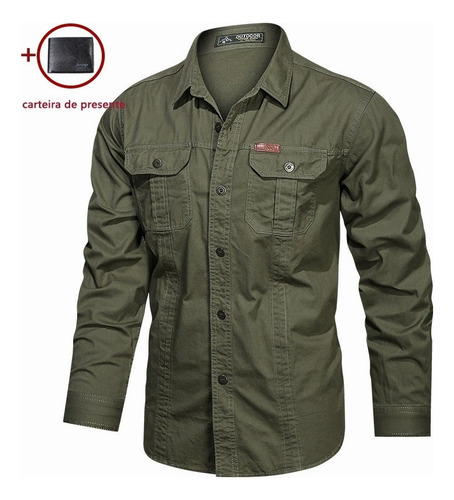 * Camisa Militar De Manga Larga For Hombre Con Botones