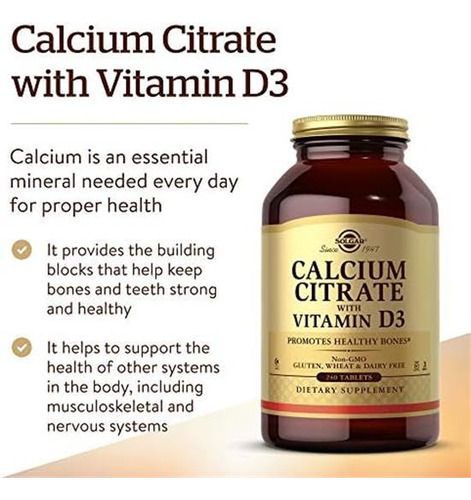 Citrato De Cálcio Solgar Com Vitamina D3, 240 Comprimidos -