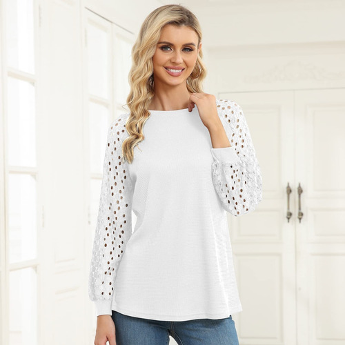 Blusa De Encaje De Manga Larga Con Cuello Redondo Para Mujer