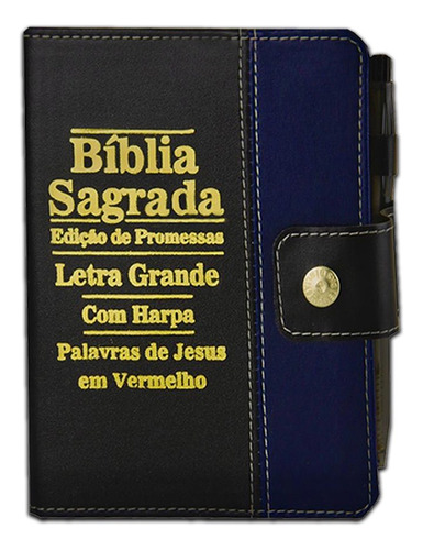 Bíblia Sagrada Letra Grande Botão Preta C/ Azul C/ Harpa