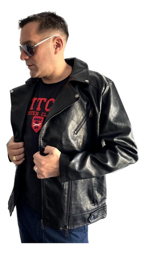 Campera Motoquera Hombre Eco Cuero Negra Cierre Cruzado