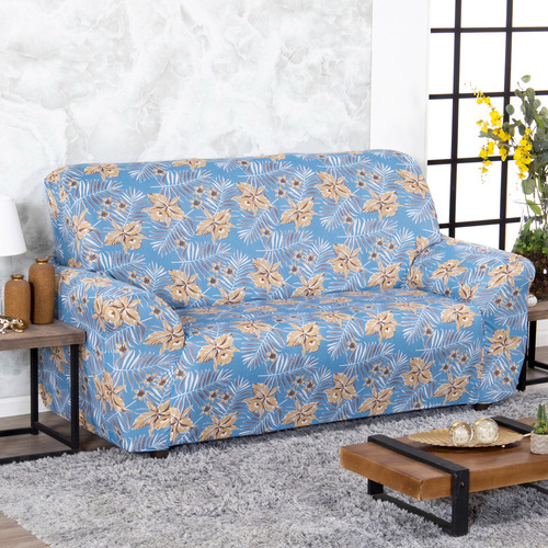 Capa De Sofá King Size Estampada Até 2,60m + 6 Fixadores Cor Azul-claro Floral