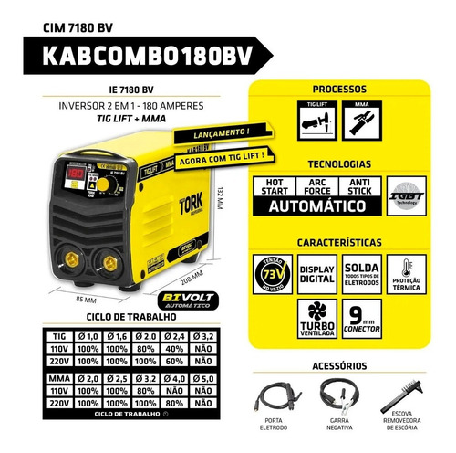 Imagem 6 de 7 de Kit Inversor Solda Kab180 + Máscara + Luva Vaqueta Tig Tork